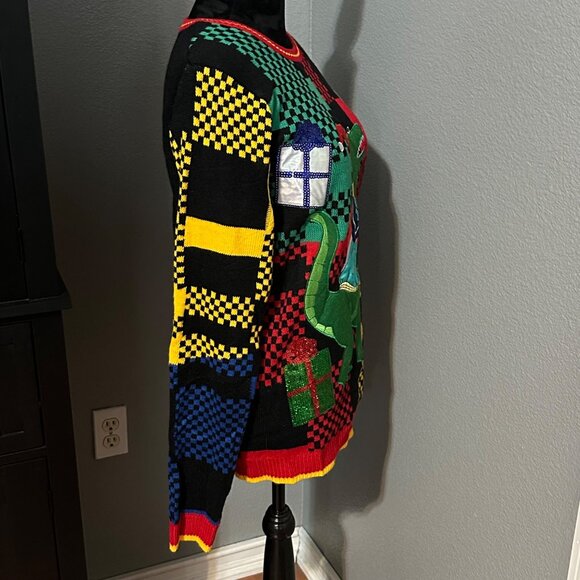 Holiday Time Ugly Christmas Sweater Womens S Dinosaur Red Black Sequins NWT - Picture 5 of 9